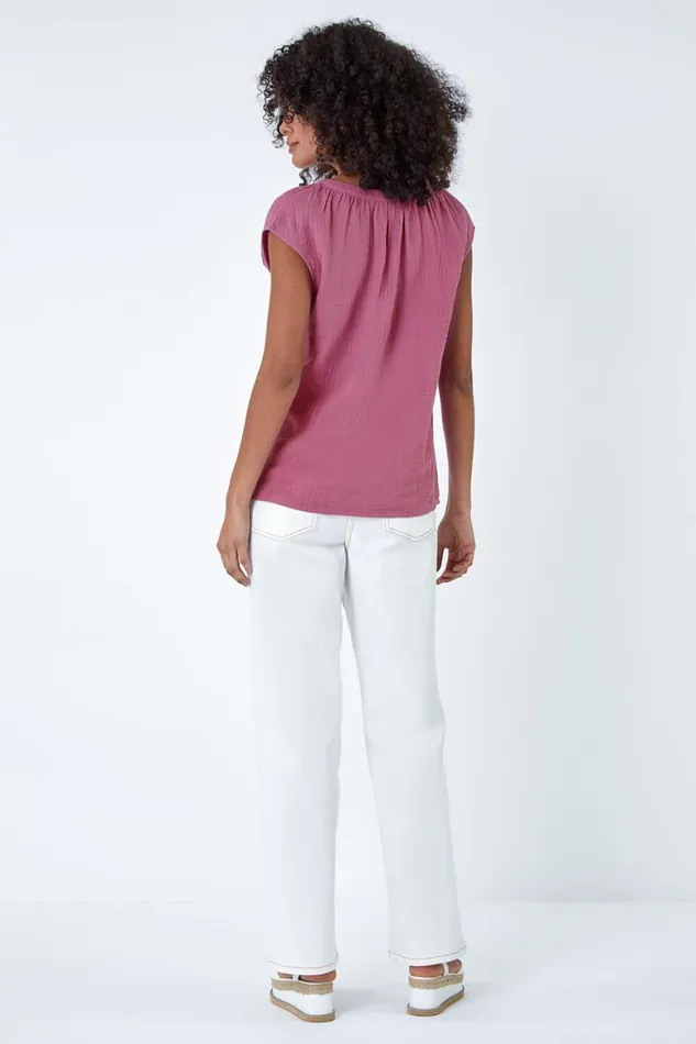 Women Lilac VNeck Pleat Detail Cotton Top Roman Tops