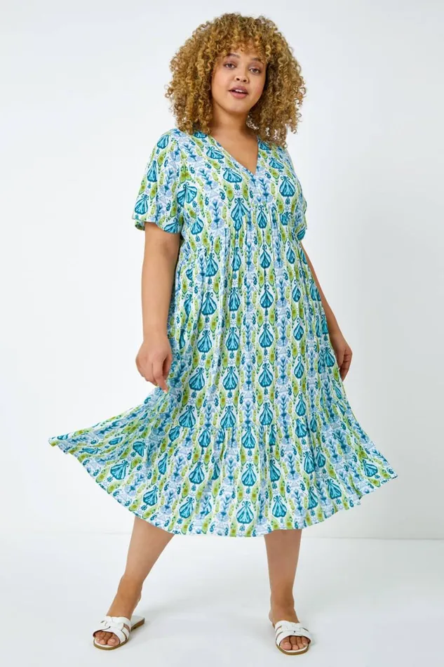 Women Lime Curve Abstract Tiered Midi Dress Roman Dresses