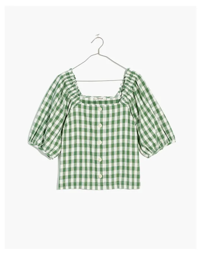 Women Linen Cotton Square Neck Button Front Top In Gingham Check Versailles Green Madewell Tops and Shirts Women Linen Cotton Square Neck Button Front Top In Gingham Check Versailles Green Madewell Tops and Shirts