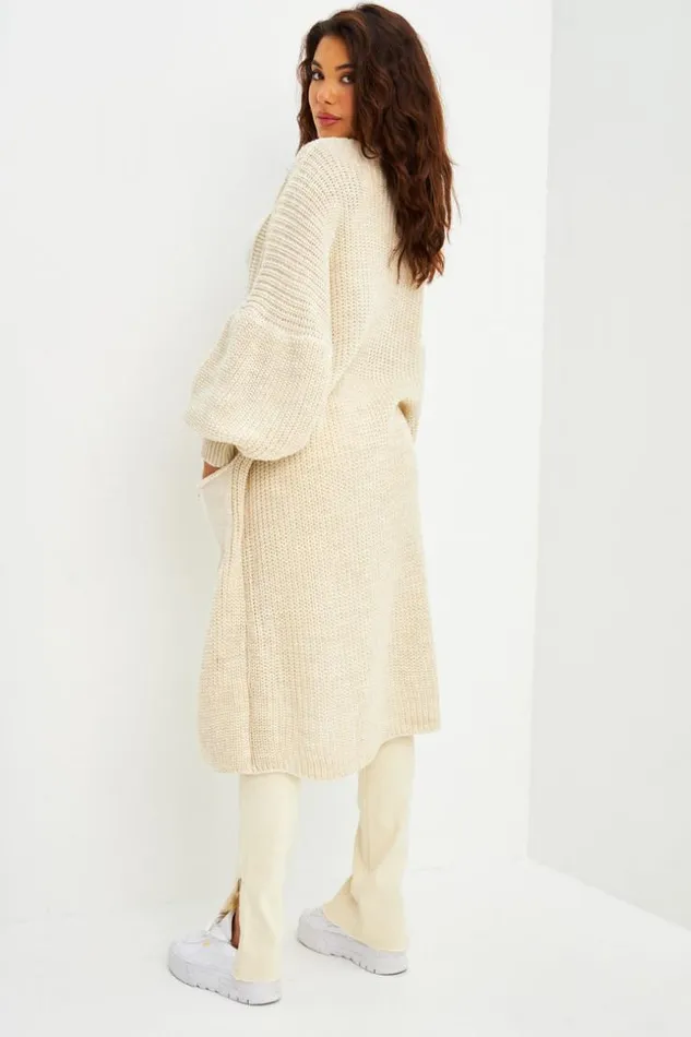 Women Long Open Knitted Cardigan In Beige Beige Brentiny Paris Cardigans