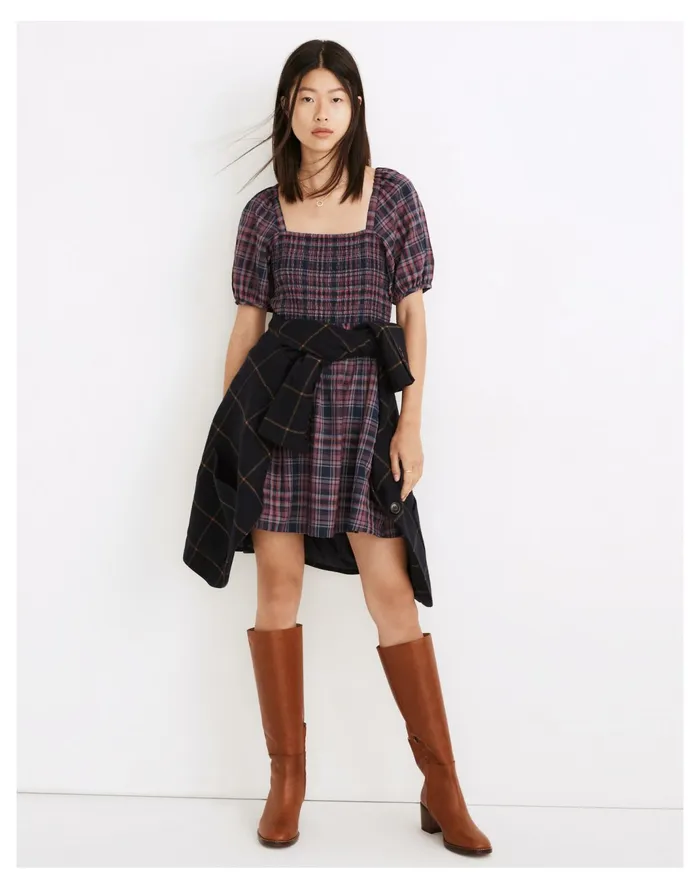 Women Lucie Puff Sleeve Smocked Mini Dress In Rockfern Plaid Purple Night Madewell Dresses Women Lucie Puff Sleeve Smocked Mini Dress In Rockfern Plaid Purple Night Madewell Dresses