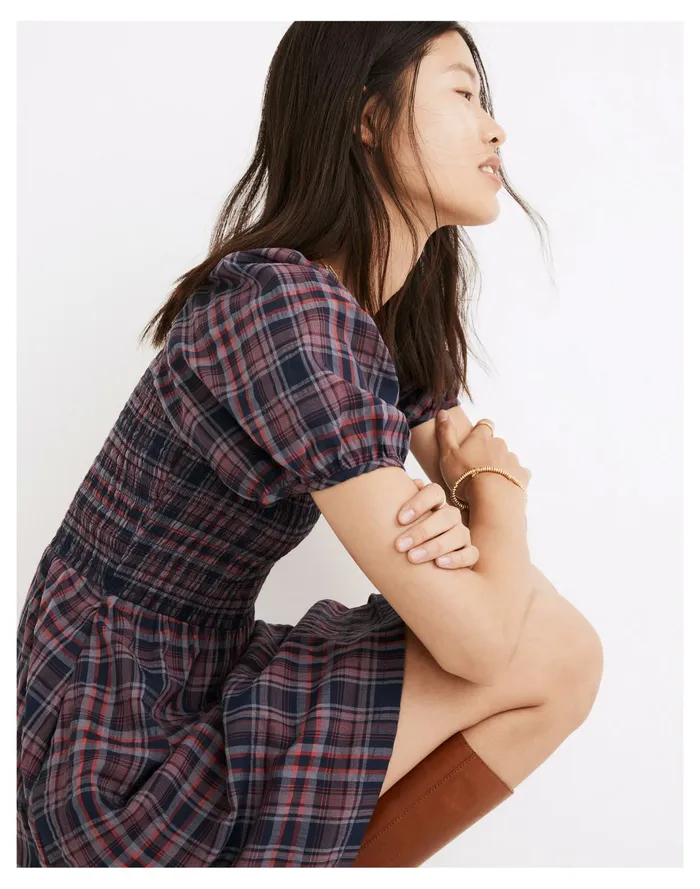 Women Lucie Puff Sleeve Smocked Mini Dress In Rockfern Plaid Purple Night Madewell Dresses