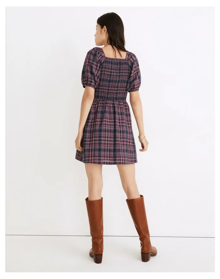 Women Lucie Puff Sleeve Smocked Mini Dress In Rockfern Plaid Purple Night Madewell Dresses