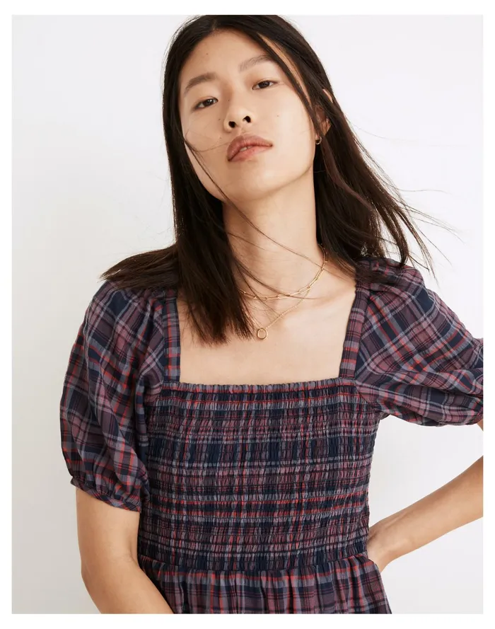 Women Lucie Puff Sleeve Smocked Mini Dress In Rockfern Plaid Purple Night Madewell Dresses