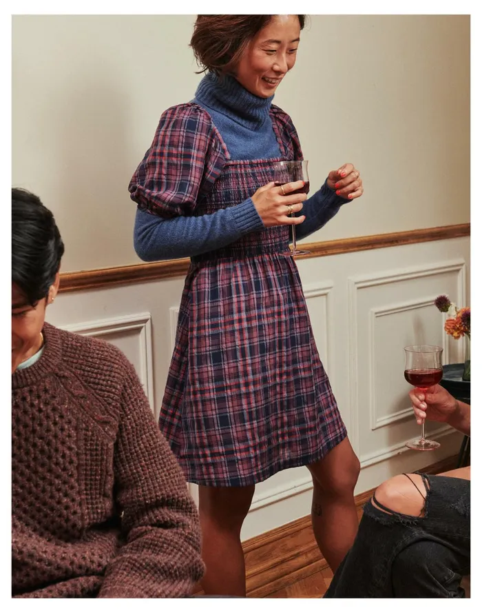 Women Lucie Puff Sleeve Smocked Mini Dress In Rockfern Plaid Purple Night Madewell Dresses