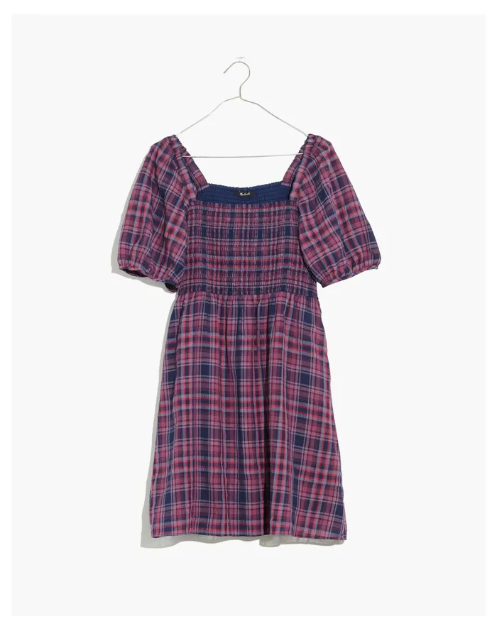 Women Lucie Puff Sleeve Smocked Mini Dress In Rockfern Plaid Purple Night Madewell Dresses