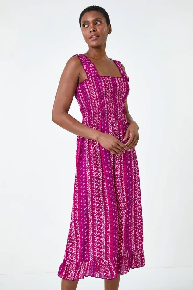 Women Magenta Abstract Stripe Shirred Bodice Midi Dress Roman Dresses