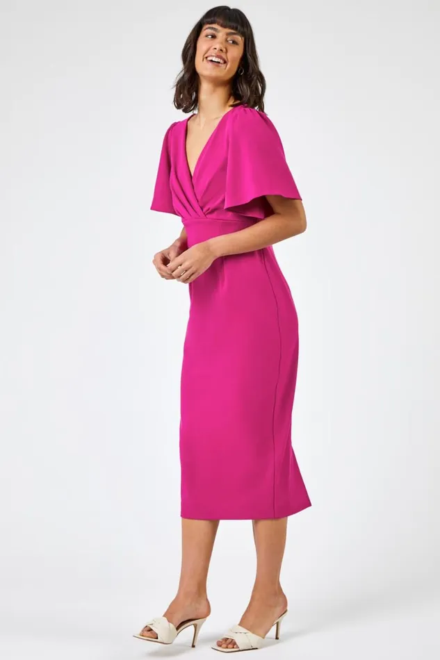 Women Magenta Gathered Wrap Front Midi Dress Roman Dresses