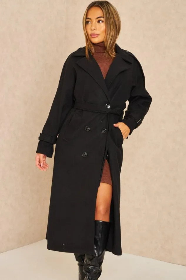 Women Manteau Long Duveteux Style Trench Noir Black Brentiny Paris Coats