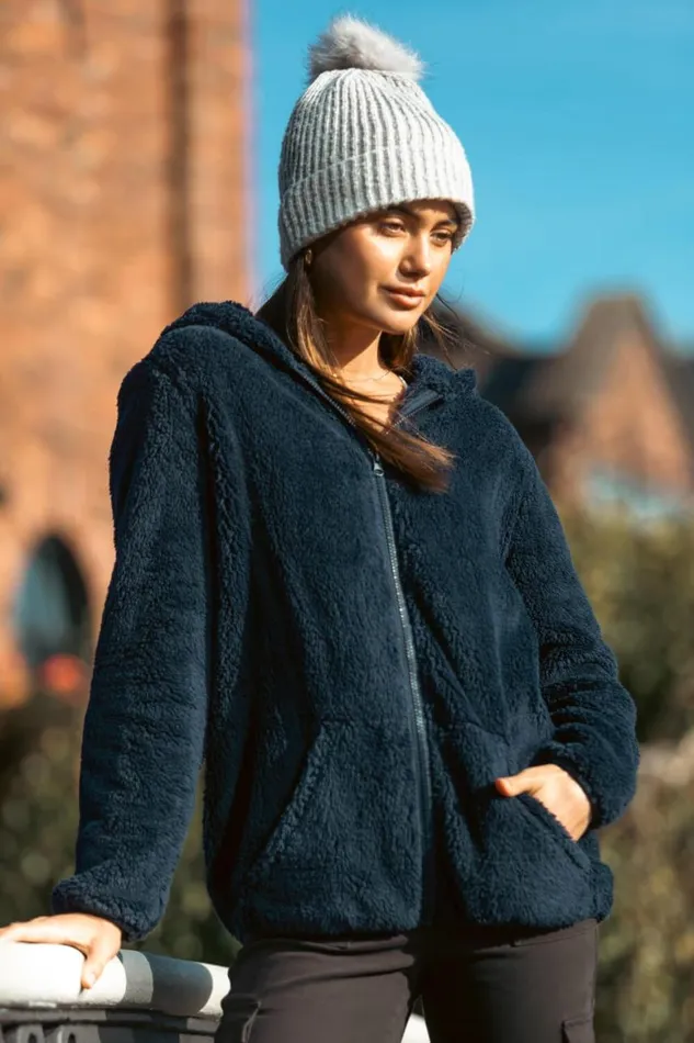 Women Midnight Blue Hooded Sherpa Fleece Jacket Roman Jackets
