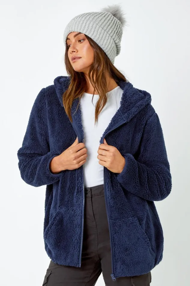 Women Midnight Blue Hooded Sherpa Fleece Jacket Roman Jackets
