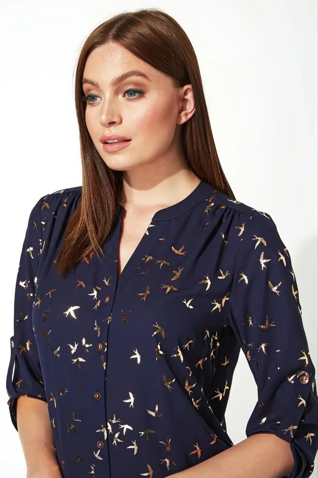 Women Midnight Blue Metallic Foil Bird Print Blouse Roman Tops