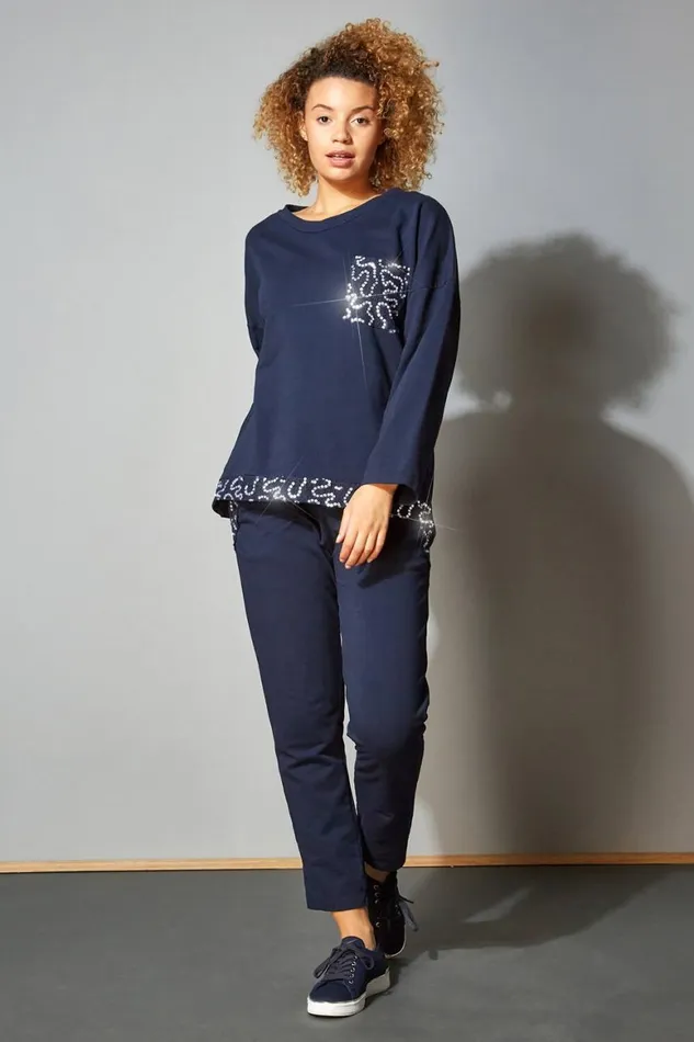 Women Midnight Blue Sequin Pocket Lounge Top Roman Tops