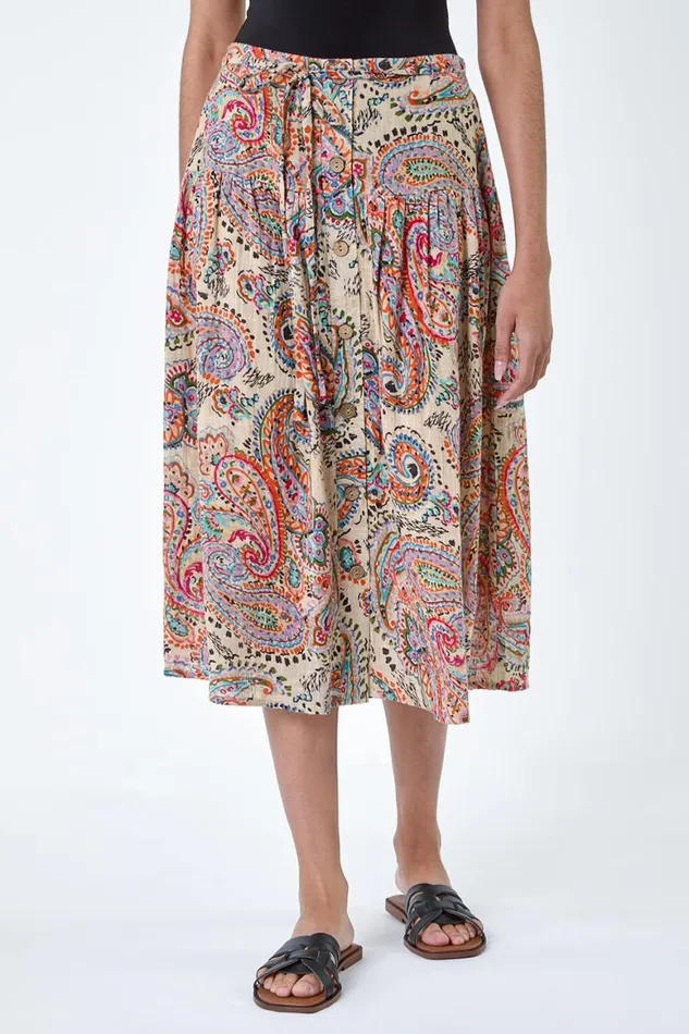 Women Multi Cotton Paisley Boho A Line Midi Skirt Roman Skirts