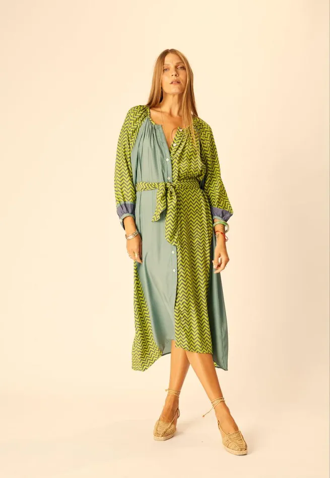 Women Natalie Martin Dresses Alex Midi With Sash Block Zigzag Lime
