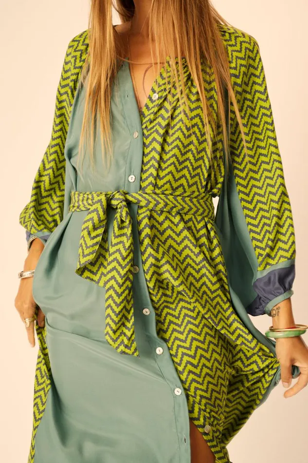 Women Natalie Martin Dresses Alex Midi With Sash Block Zigzag Lime
