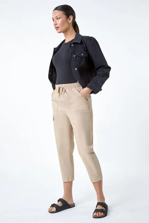 Women Natural Cotton Elastic Waist Cropped Cargo Trousers Roman Trousers