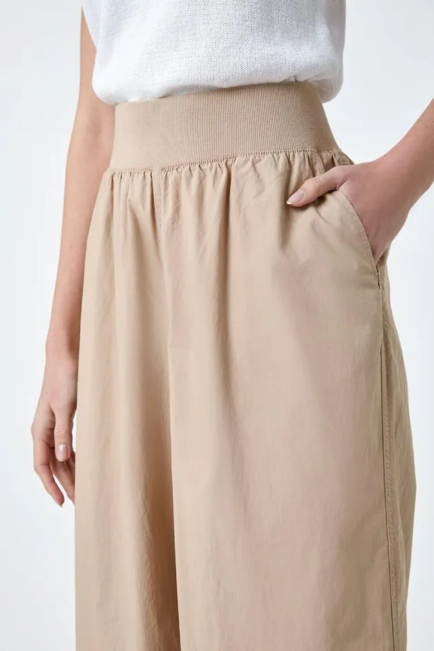 Women Natural Elastic Waist Wide Leg Cotton Cropped Culottes Roman Trousers