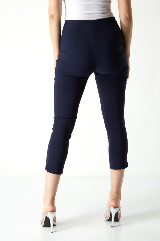 Women Navy Blue Petite Elastic Waist Stretch Cropped Trouser Roman Coords