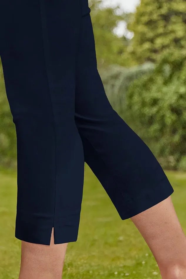 Women Navy Blue Petite Elastic Waist Stretch Cropped Trouser Roman Coords