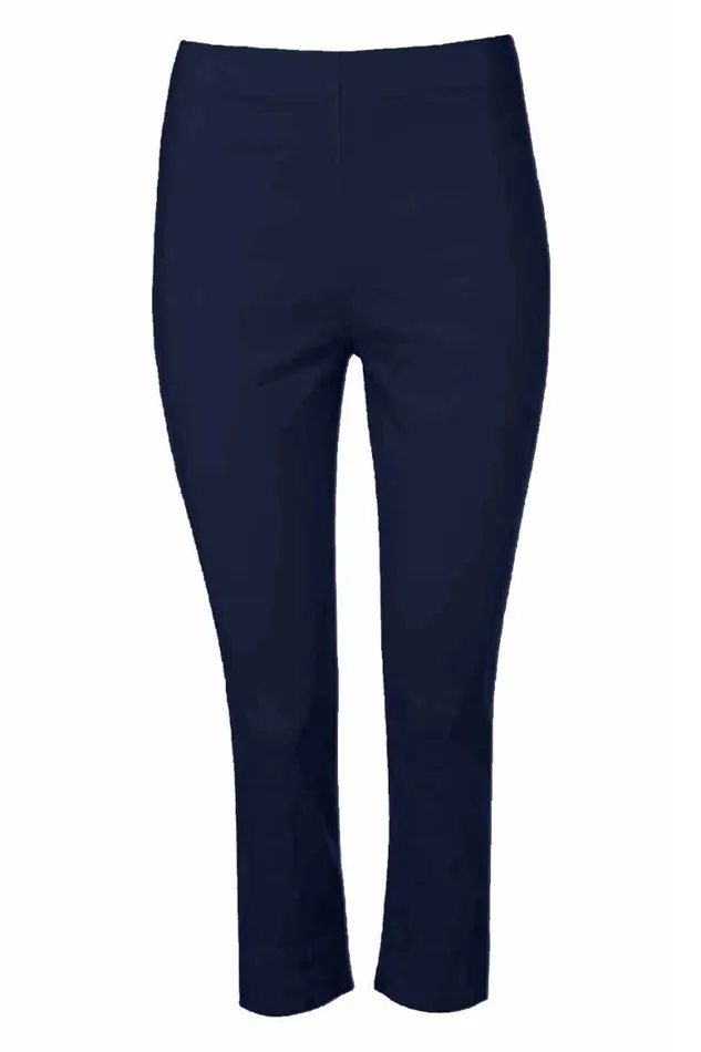 Women Navy Blue Petite Elastic Waist Stretch Cropped Trouser Roman Coords