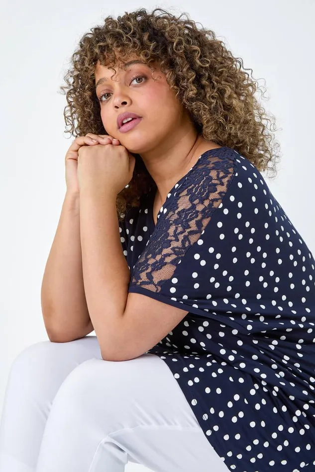 Women Navy Curve Lace Shoulder Polka Dot Stretch TShirt Roman Tops