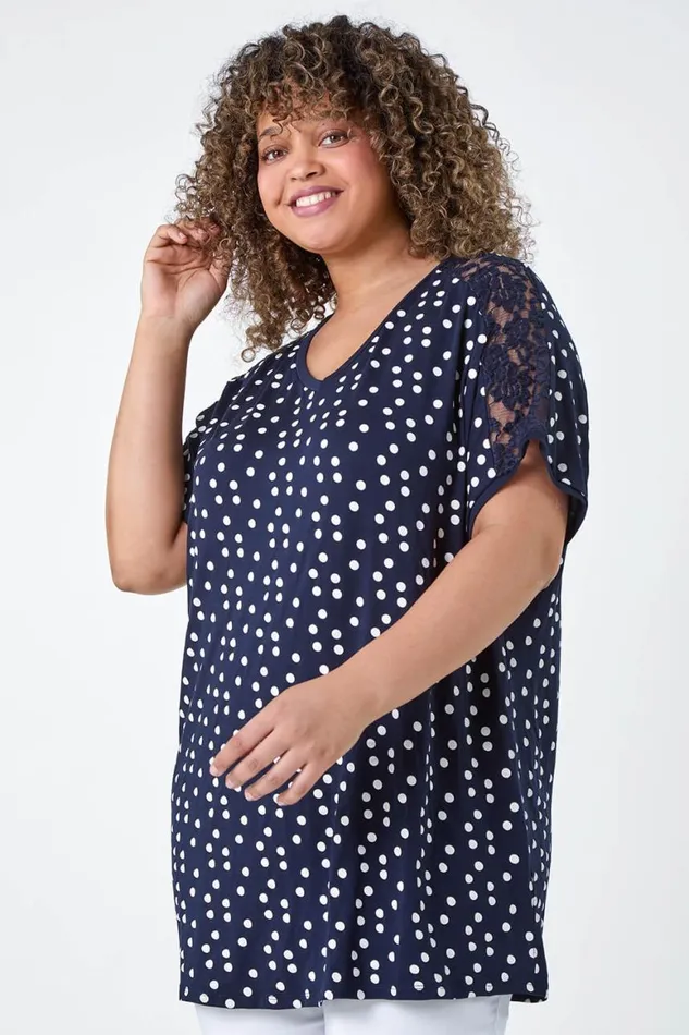 Women Navy Curve Lace Shoulder Polka Dot Stretch TShirt Roman Tops