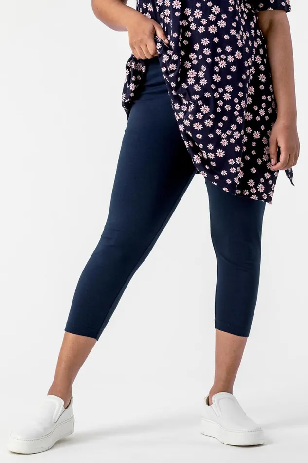 Women Navy Curve Plain Elastic Waist Cropped Leggings Roman Trousers