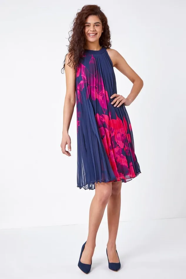 Women Navy Floral Pleated Swing Dress Roman Dresses