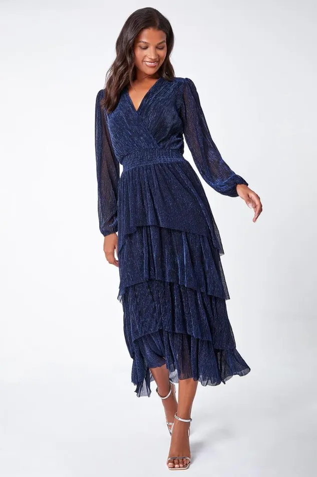 Women Navy Metallic Shirred Waist Tiered Midi Stretch Dress Roman Dresses