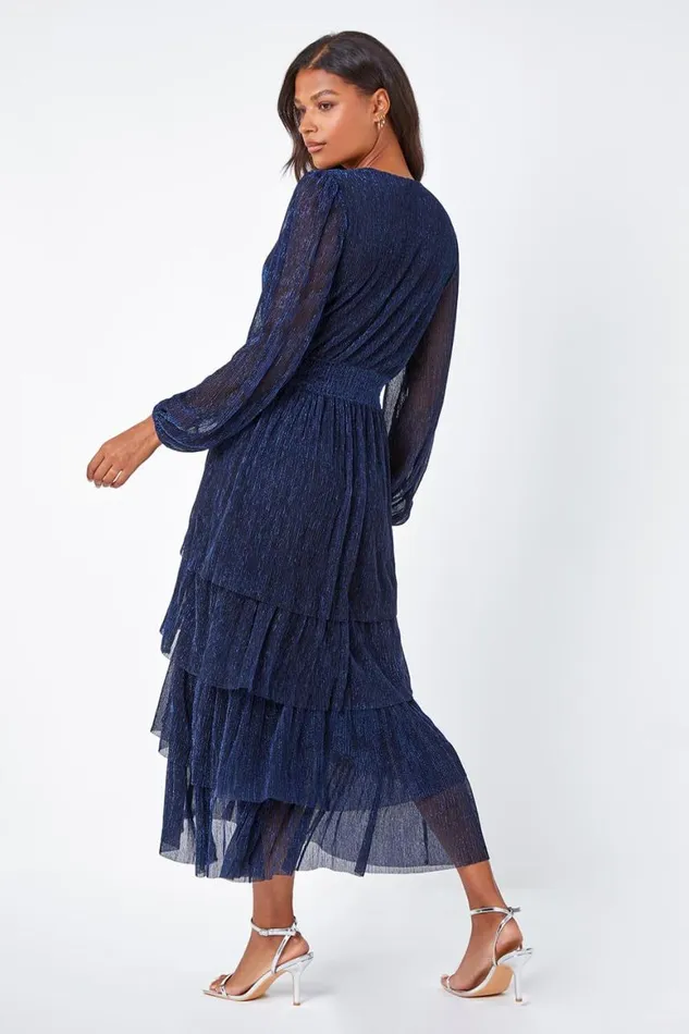 Women Navy Metallic Shirred Waist Tiered Midi Stretch Dress Roman Dresses