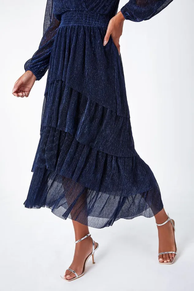 Women Navy Metallic Shirred Waist Tiered Midi Stretch Dress Roman Dresses