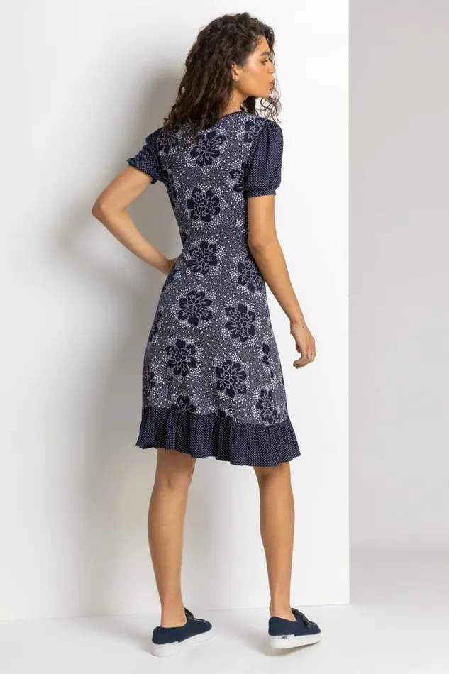 Women Navy Mixed Floral Spot Print Frill Hem Dress Roman Dresses