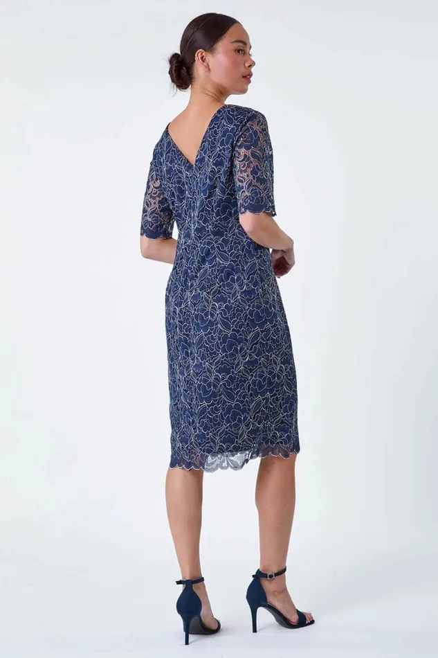 Women Navy Petite Lace Overlay Shift Dress Roman Dresses