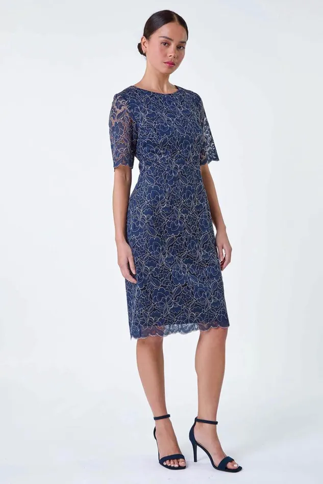 Women Navy Petite Lace Overlay Shift Dress Roman Dresses