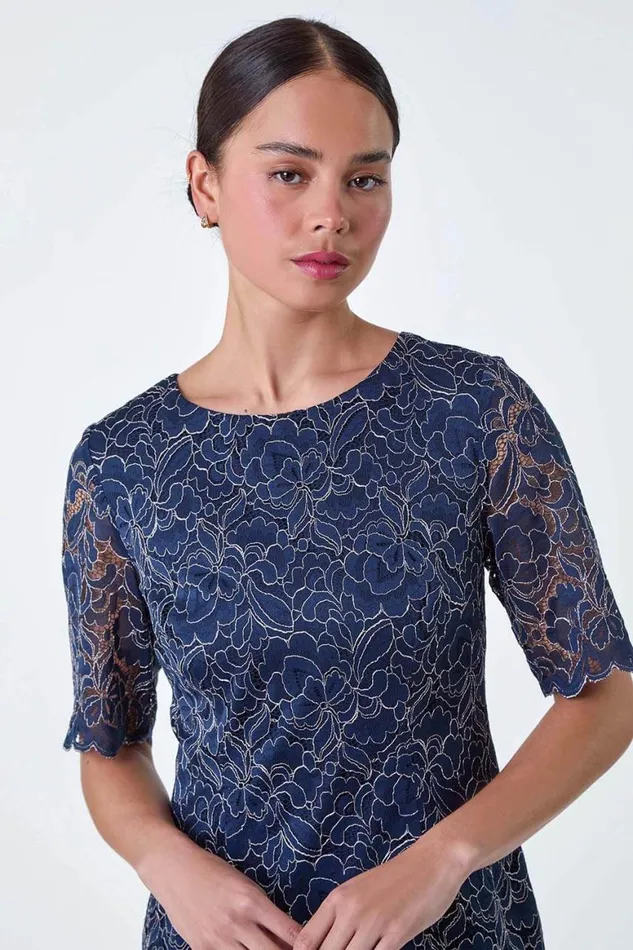 Women Navy Petite Lace Overlay Shift Dress Roman Dresses