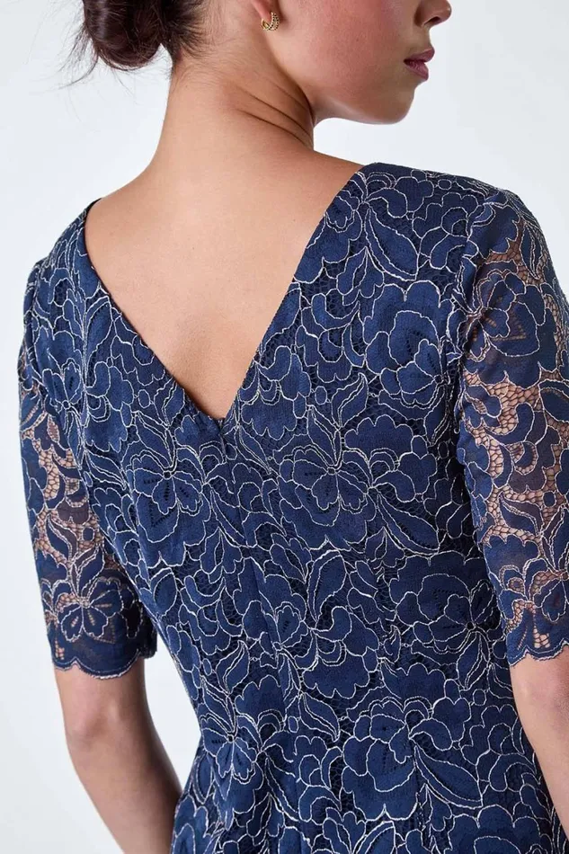 Women Navy Petite Lace Overlay Shift Dress Roman Dresses