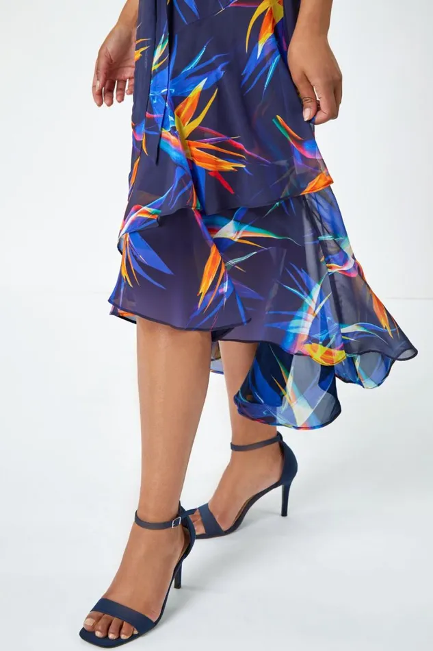 Women Navy Petite Sleeveless Frill Hem Midi Dres Roman Dresses