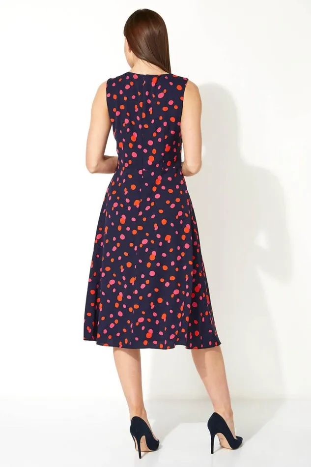 Women Navy Polka Dot Fit And Flare Dress Roman Dresses