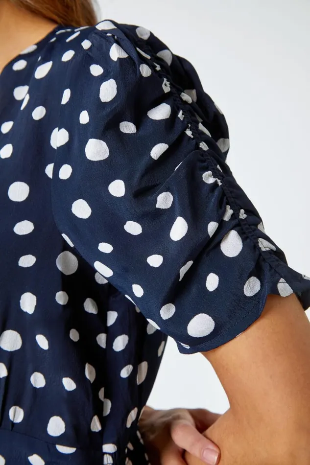 Women Navy Polka Dot Ruched Sleeve Midi Dress Roman Dresses