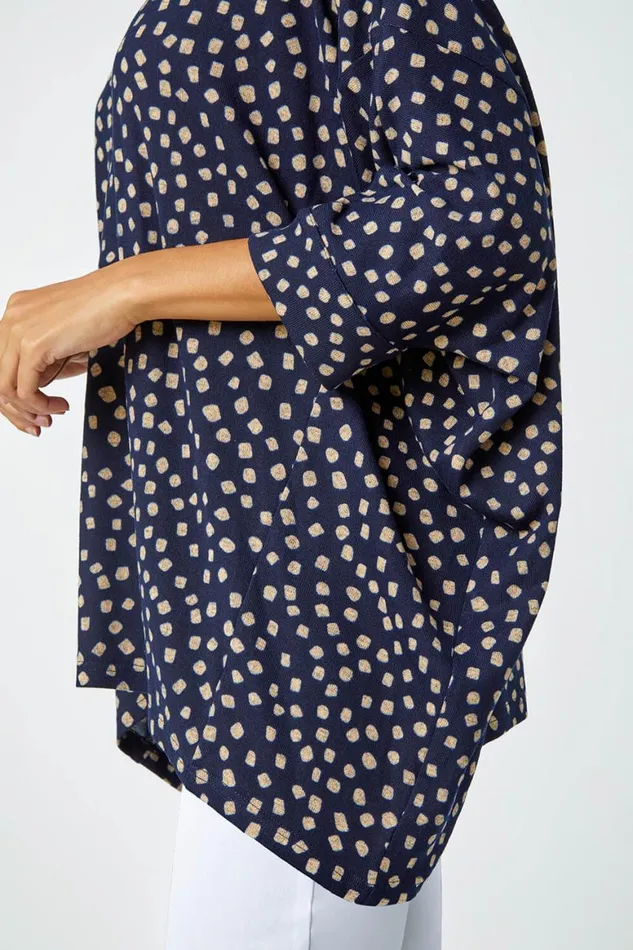 Women Navy Spot Print Hanky Hem Stretch Top Roman Tops