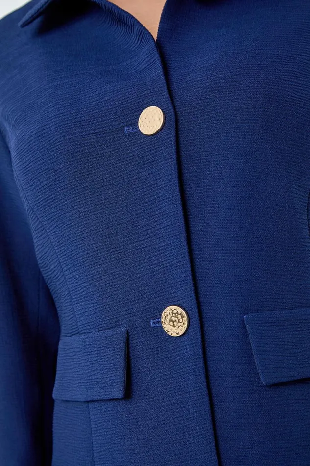 Women Navy Textured Button Detail Jacket Roman Occasionwear