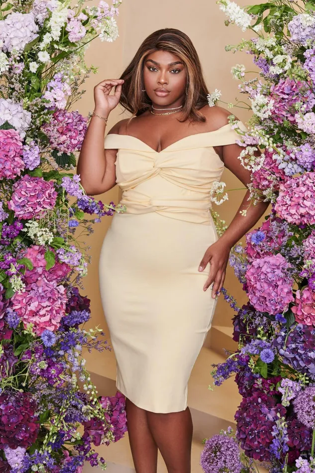 Women Off The Shoulder and Bardot Lavish Alice CLAIRE Curve Off Shoulder Twist Ponte Midi Dress In Butter Butter
