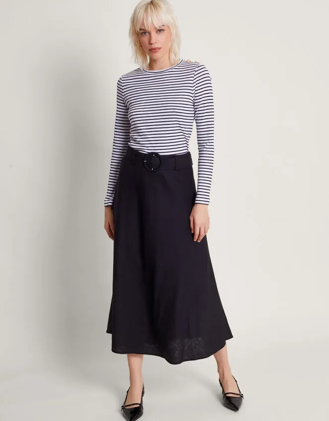Women Olive Belted Midi Skirt Black Monsoon Linen
