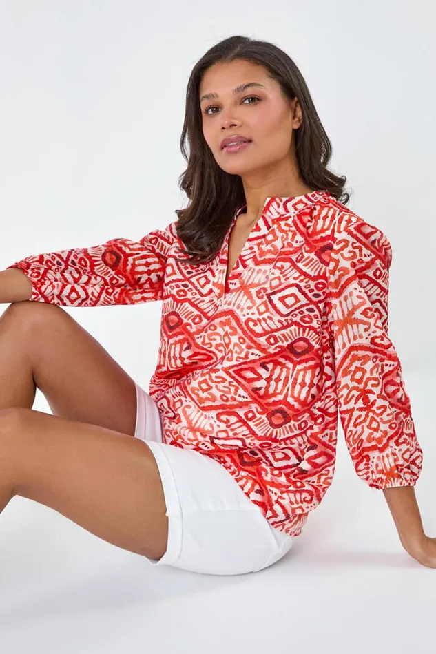 Women Orange Abstract Print Notch Neck Top Roman Tops