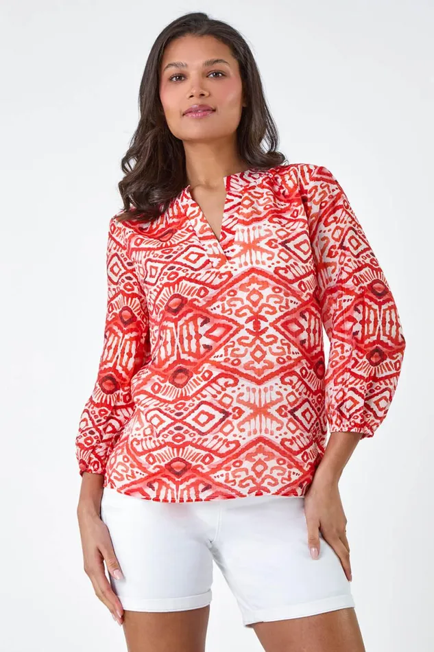 Women Orange Abstract Print Notch Neck Top Roman Tops