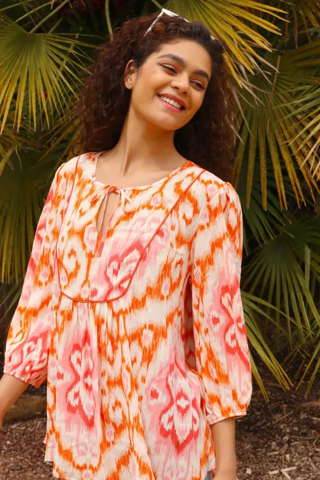 Women Orange Abstract Print Tie Detail Tunic Smock Top Roman Tops