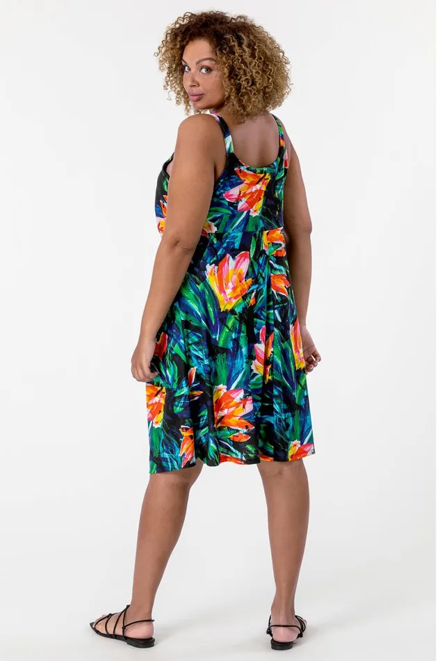 Women Orange Curve Tropical Print Strappy Dress Roman Dresses
