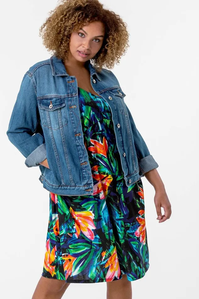 Women Orange Curve Tropical Print Strappy Dress Roman Dresses