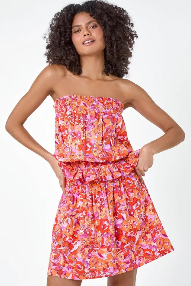 Women Orange Floral Print Stretch Bandeau Top Roman Tops